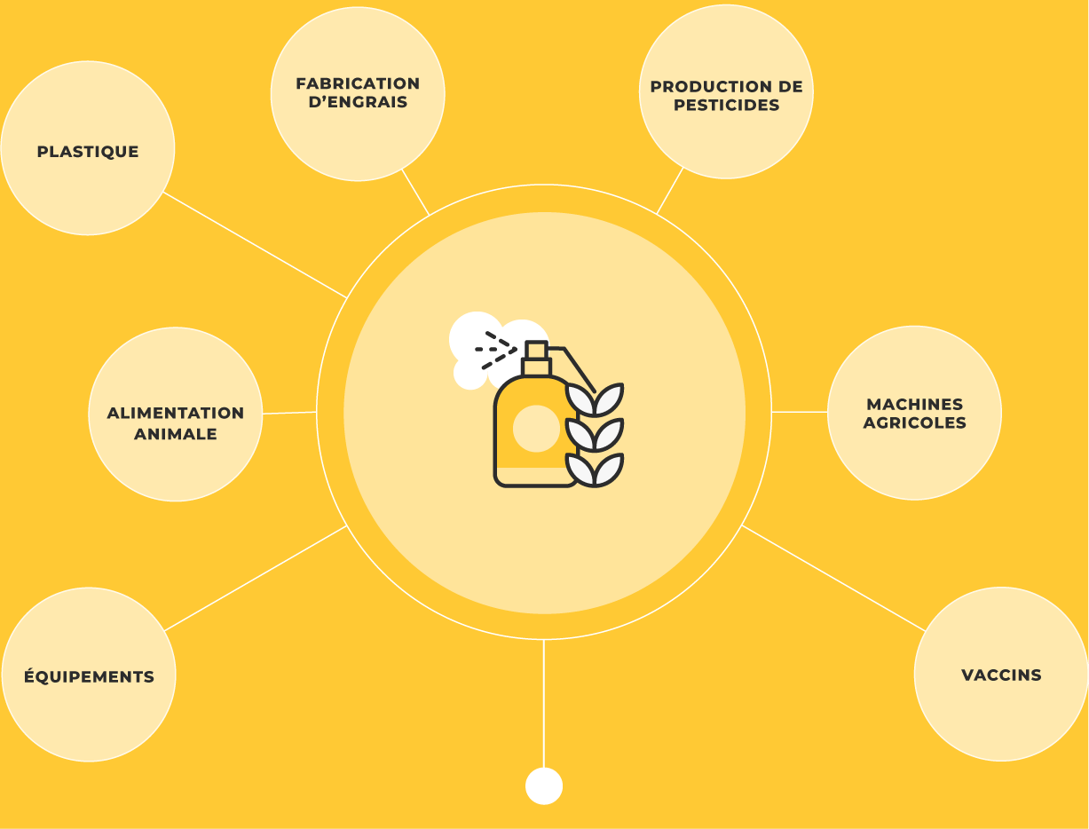 Examples: Plastics, Animal feed, Equipment, Vaccines, Farm machinery, Producing pesticides and Manufactoring fertilizers.